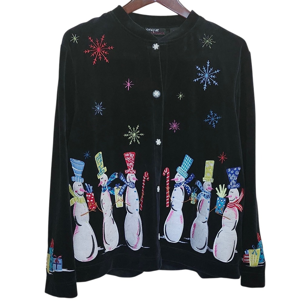 Snowman Jacket Black Velvet Velour Embroidery‎ Applique Snowflake Buttons  Large